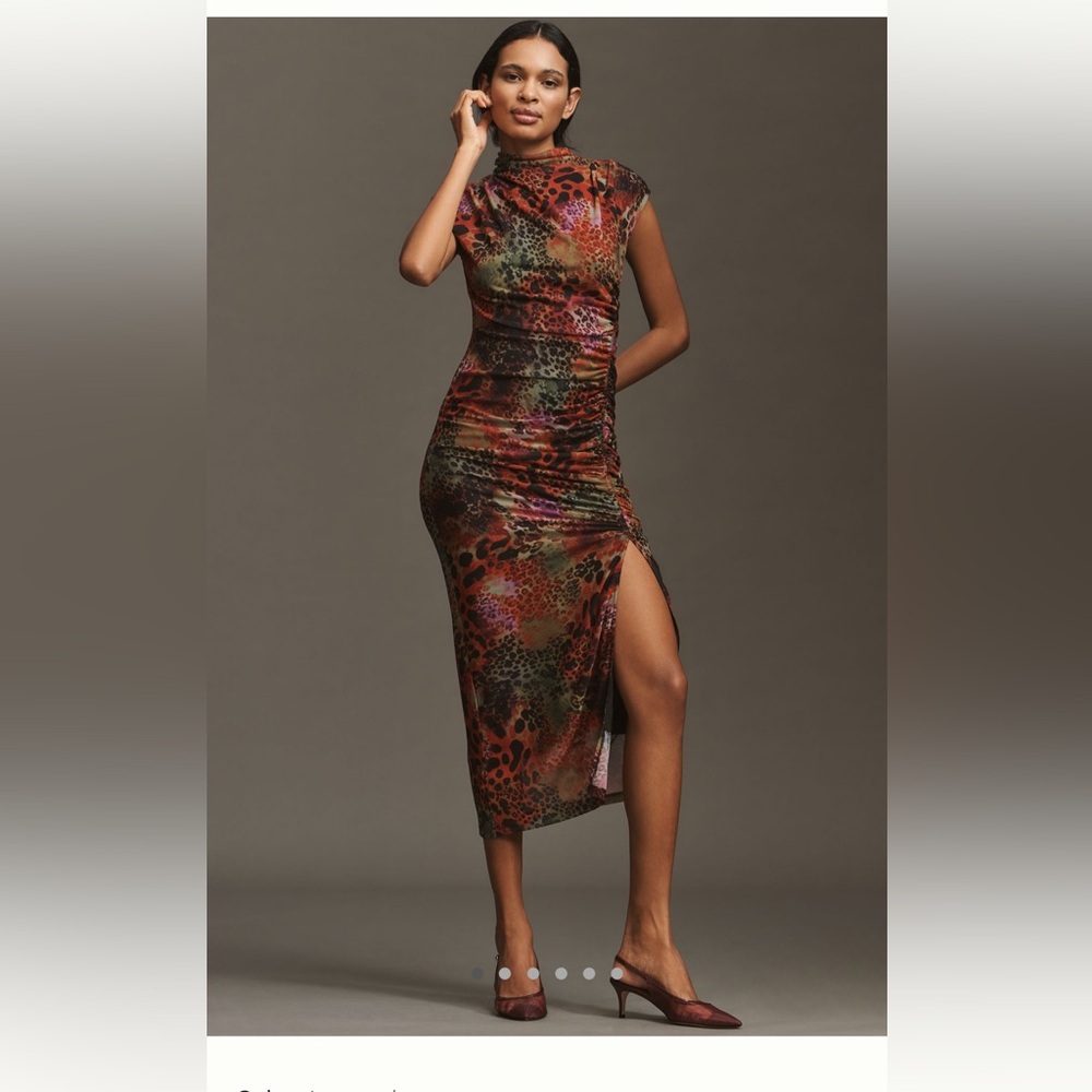 Anthropologie Maya Ruched cowl neck mesh Midi Dress